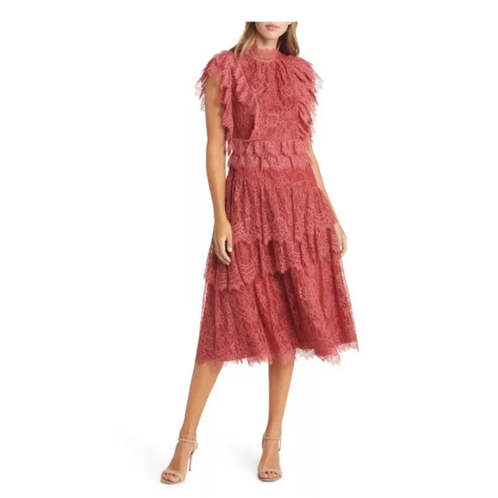 EYELASH-LACE MIDI-DRESS IN RUST
